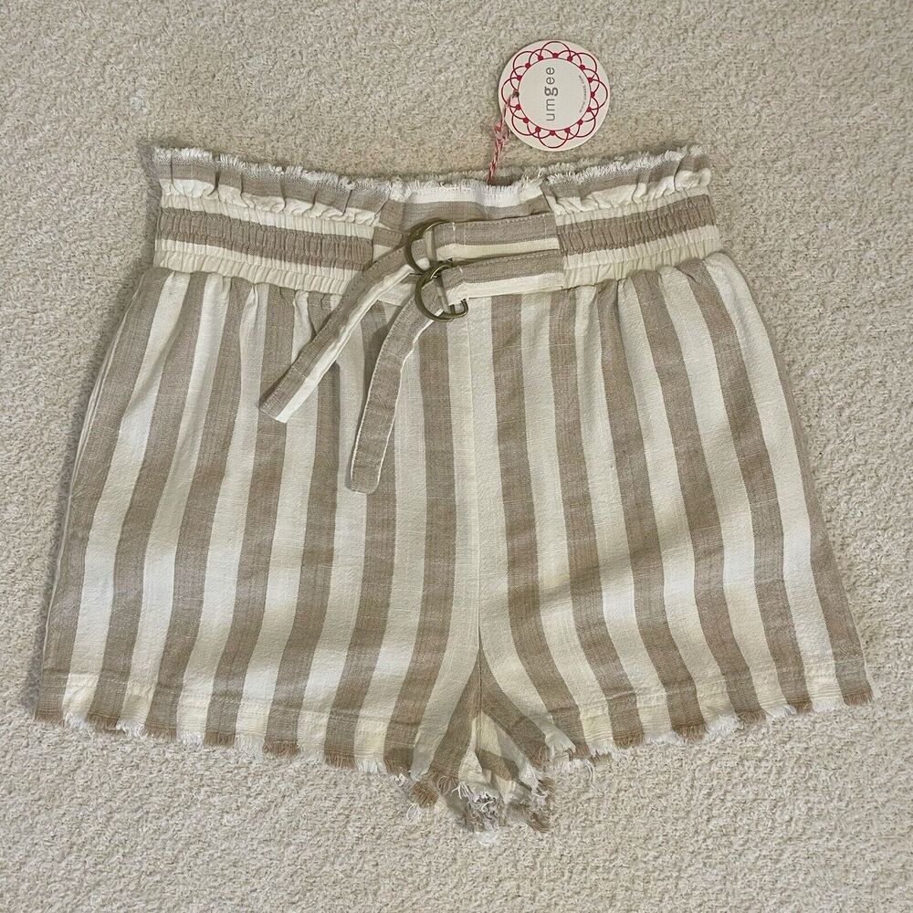 Umgee *New* Striped Shorts Size Medium Cream Beige Cotton Linen Boho Neutral NWT